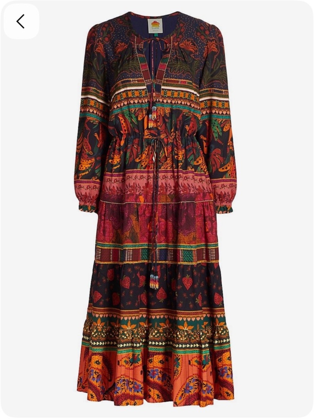 Farm Rio Mixed Patchwork Midi Dress with Tie Neck